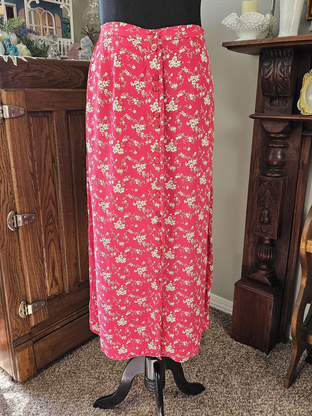 Vintage Hunt Club Floral Button Front Rayon Midi Skirt Red Cottagecore Size 12